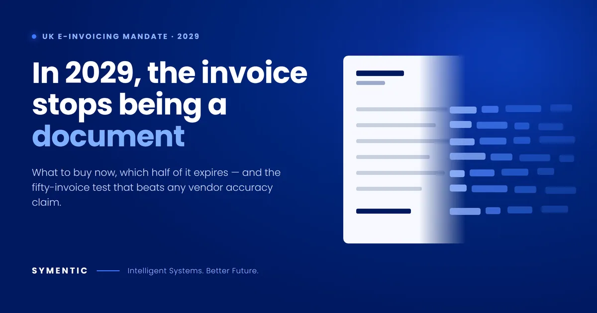 A paper invoice whose right edge breaks apart into blocks of structured data, illustrating the shift from invoice documents to e-invoice data in 2029.